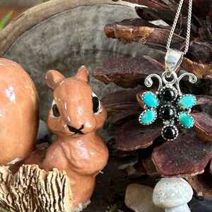 925 Sterling Turquoise and Onyx butterfly beautiful necklace